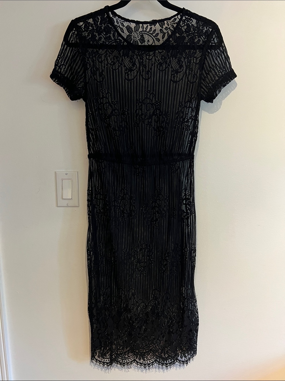 Black Lace Midi Dress with Sheer Overlay